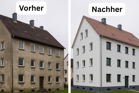 Neue Fassade im Vorher-nachher-Vergleich – hochwertige Fassadensanierung durch R&C Immobilien mit einem Partnerunternehmen der Ullrich Group.